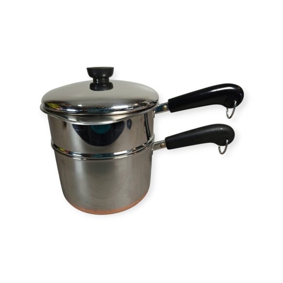 Vintage 1801 Revere Ware Double Boiler Steamer Pot 3 QT Copper Bottom W/Lid - Picture 1 of 16